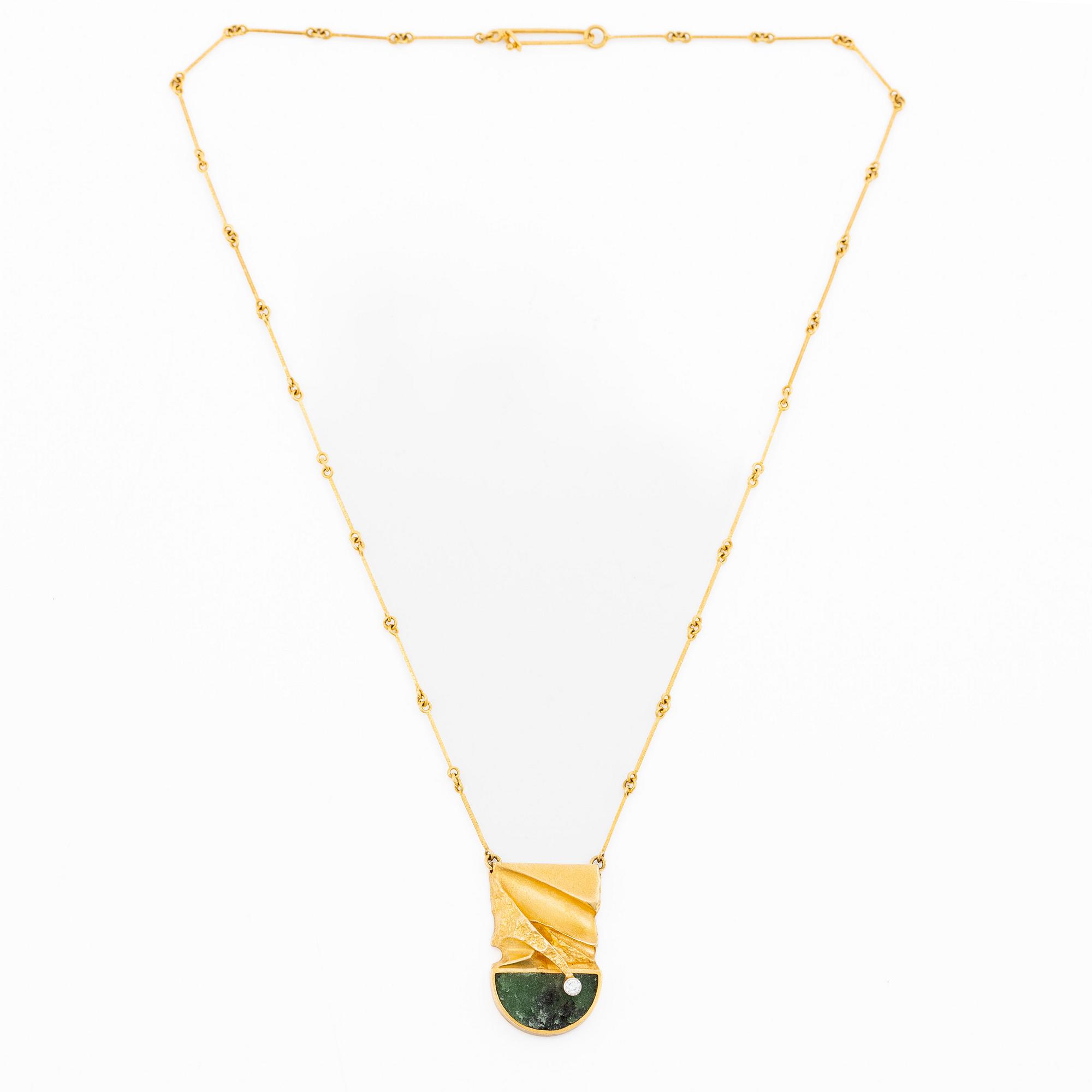 Björn Weckström, necklace 18K gold with zoisite and brilliant-cut diamond. Lapponia 1979.
