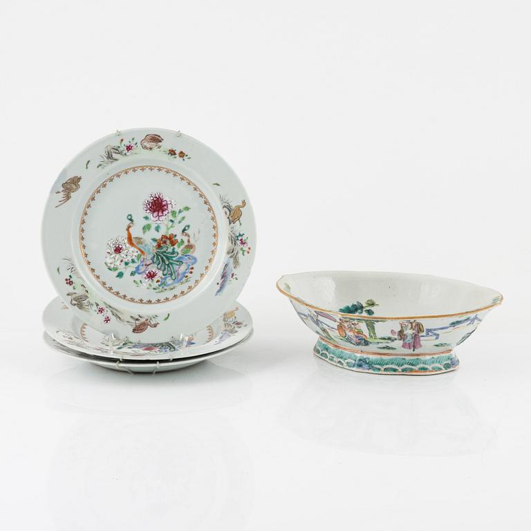 Three porcelain dishes, Qing dynasty, Qianlong  (1736-95) and a porcelain bowl, China, second half of the 20th Century.