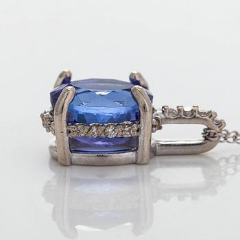 Kaulakoru, 14K valkokultaa, riipus tansaniitti ja timantteja.