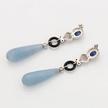 Sapphire, eight cut diamond, onyx and aquamarine drop earrings.