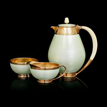 A David-Andersen three pcs of silver gilt and enamel coffee service,