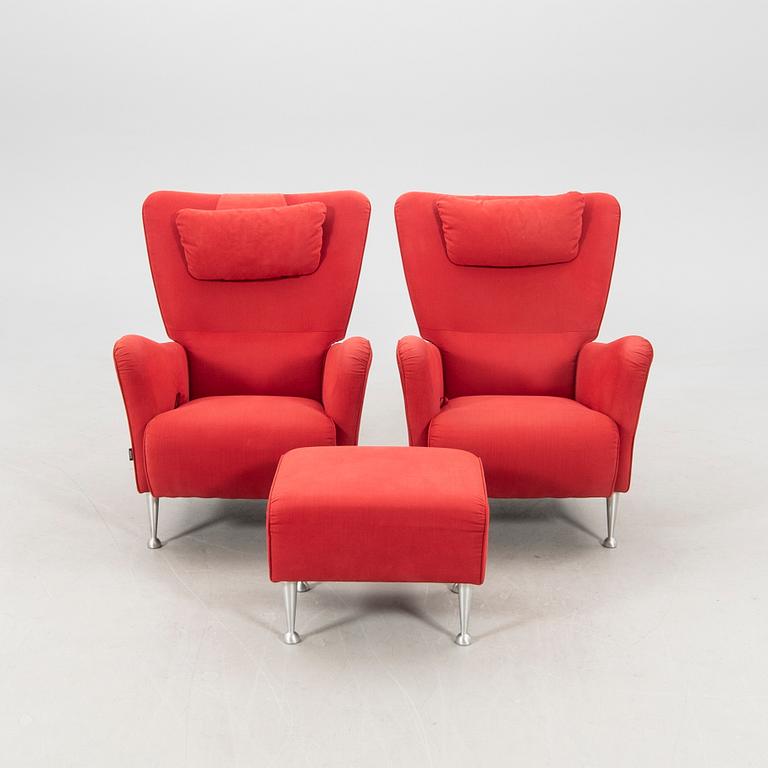 Carl-Henric Spak armchairs, a pair, and footstool "Stepp" for Swedese, 21st century.