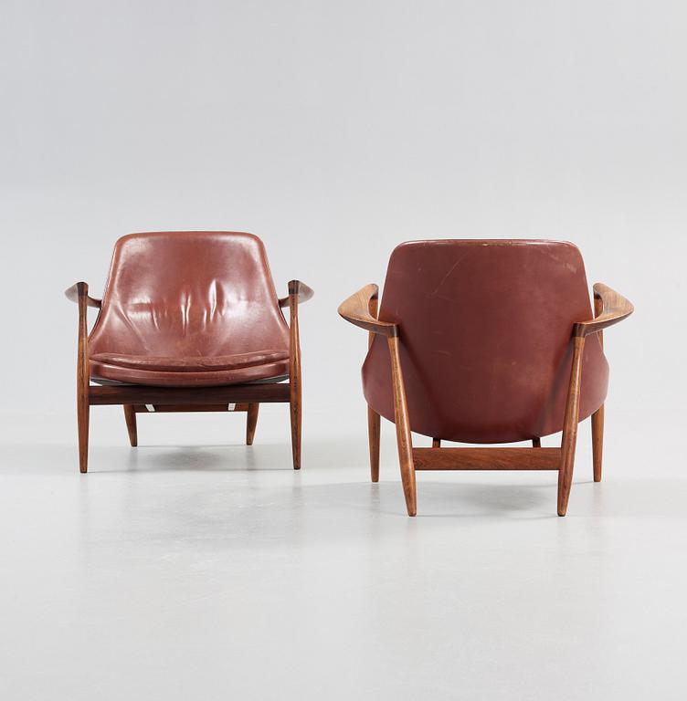 A pair of Ib Kofod Larsen palisander and brown leather 'Elisabeth' easy chairs, Denmark 1950's-60's.