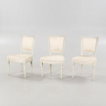 Three chairs, gustavian and gustavian style, aorund the year 1800 and around the year 1900.