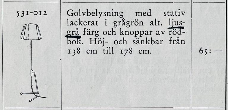 Bertil Brisborg, golvlampa, modell Triva "531-012", Nordiska Kompaniet, 1950-tal.