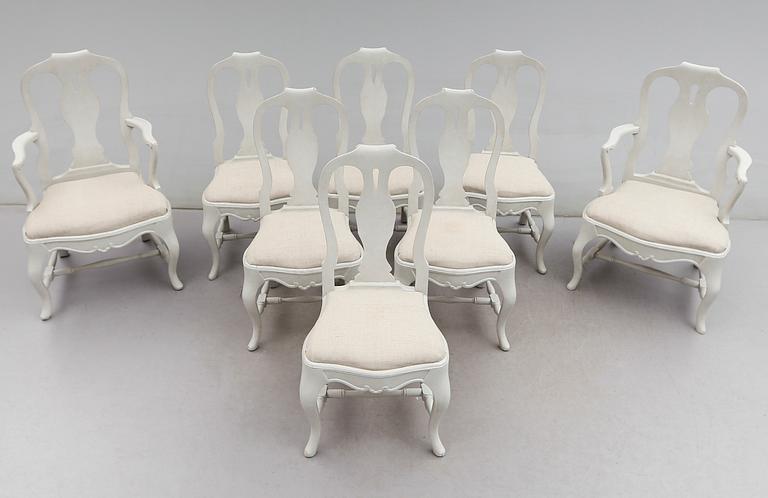 STOLAR 6 st och KARMSTOLAR 2 st, rokokostil, 1900-talets första hälft.