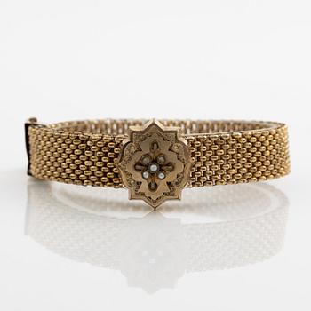 Bracelet and pendant/brooch, gilded possibly silver, with pearls 19th century.
