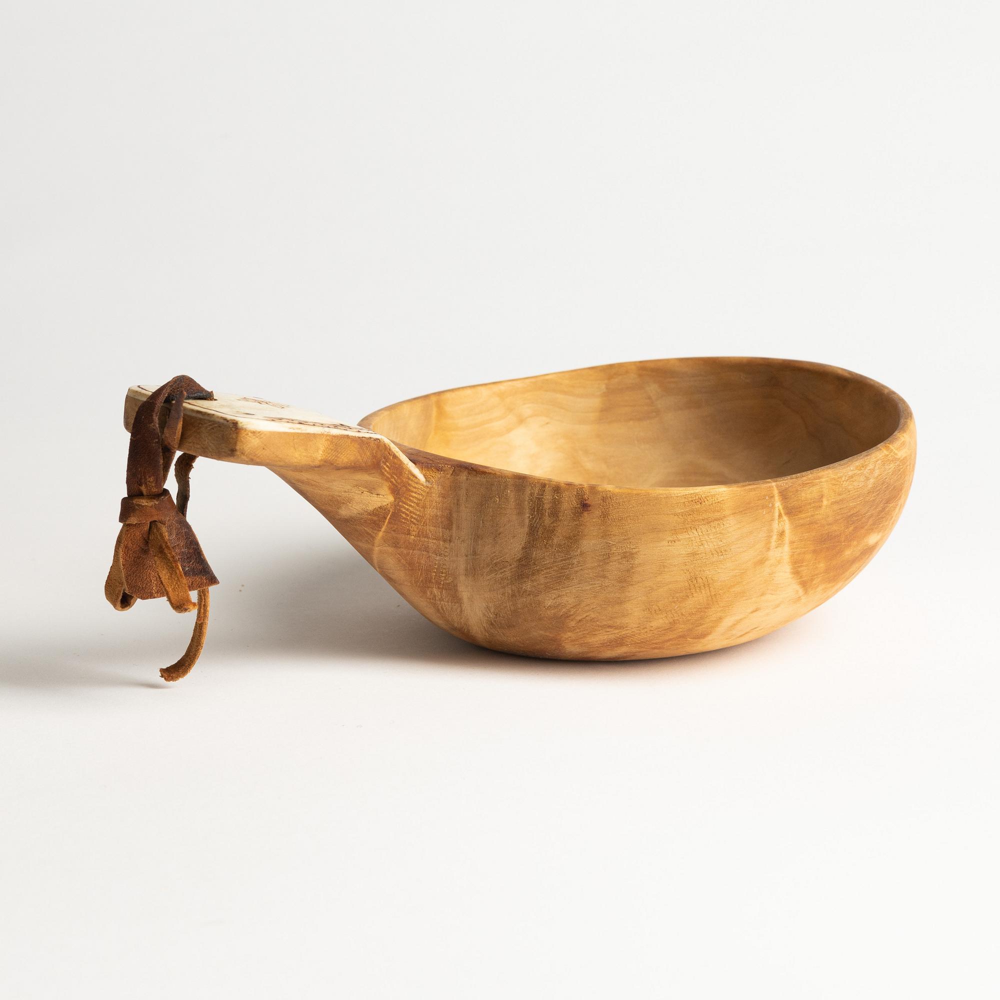 A birch and reindeer horn drinking cup, unidentified signature.
