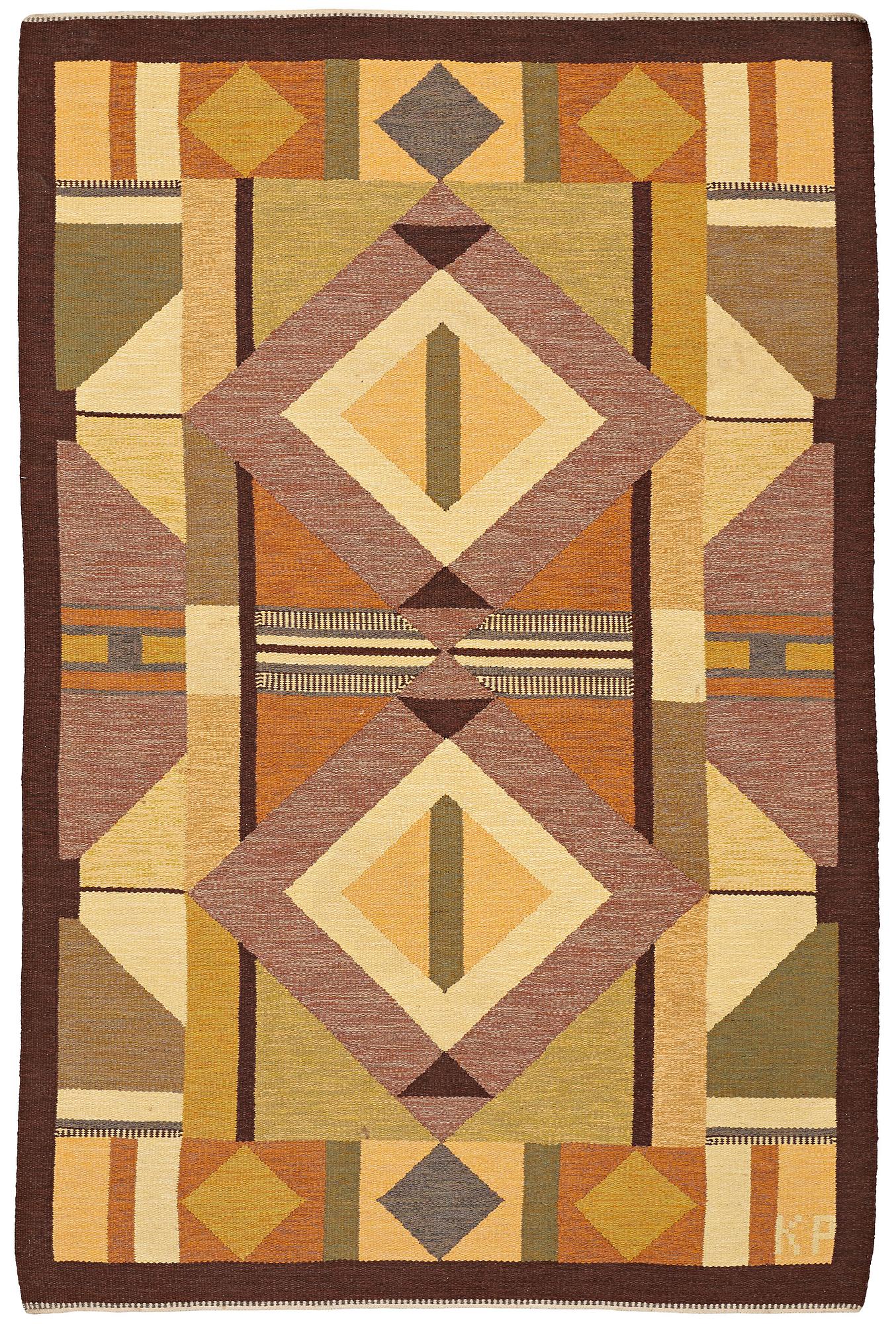 Kerstin Persson, A CARPET, flat weave, ca 277 x 184 cm, a woven signature KP, an embroidered signature AÖ.