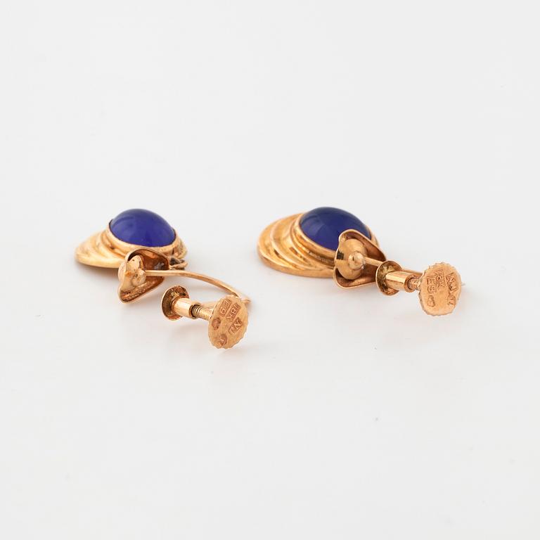 A pair of earrings, probably set with blue chalcedony by E Johansson, Stockholm, 1955.