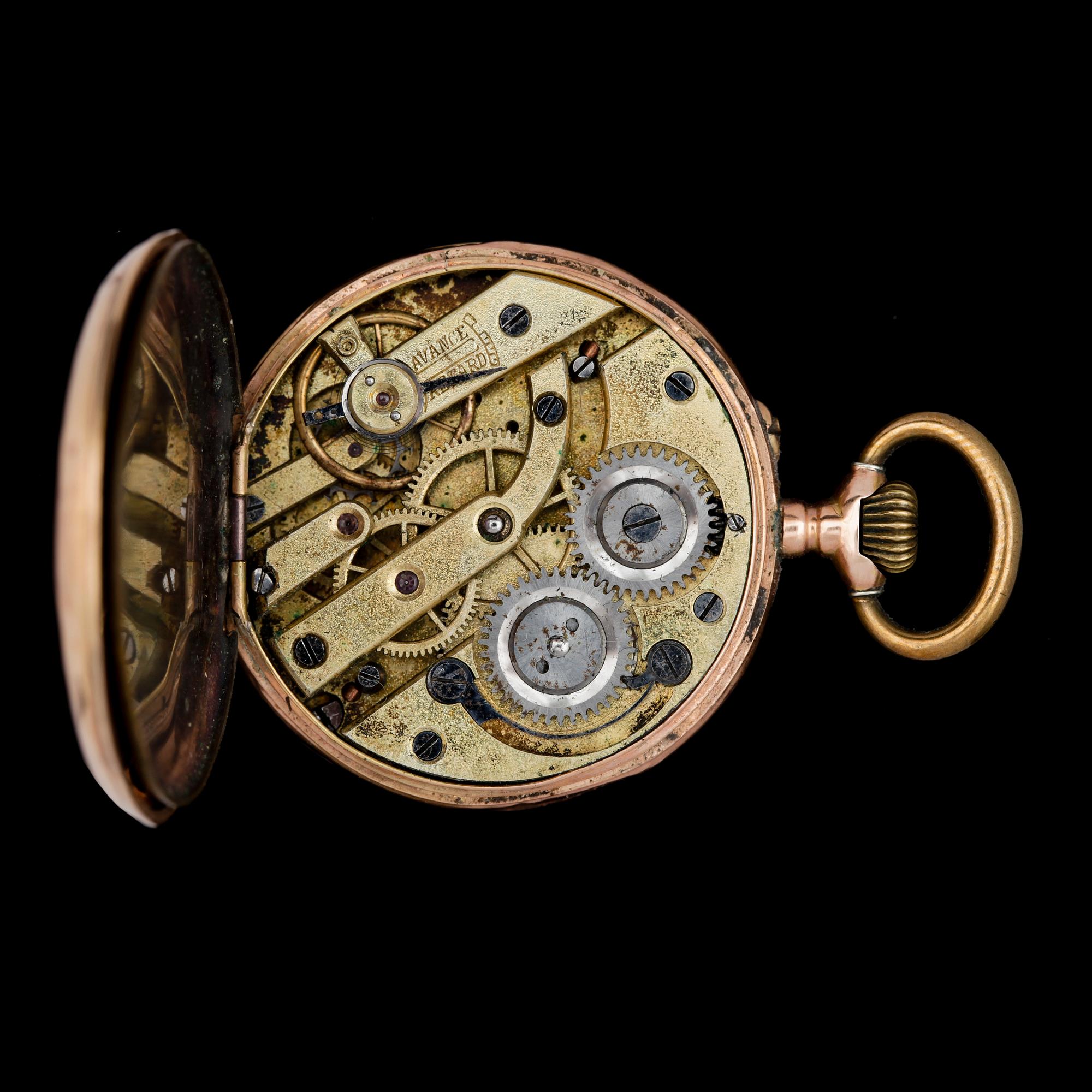 DAMFICKUR, 14 guld och KLOCKSTÄLL. 1800-talets slut. Vikt 27,2g.