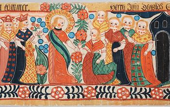 VÄGGMÅLNING, allmogestil, Bernhard Jönsson, 1900-tal. Monogramsign.