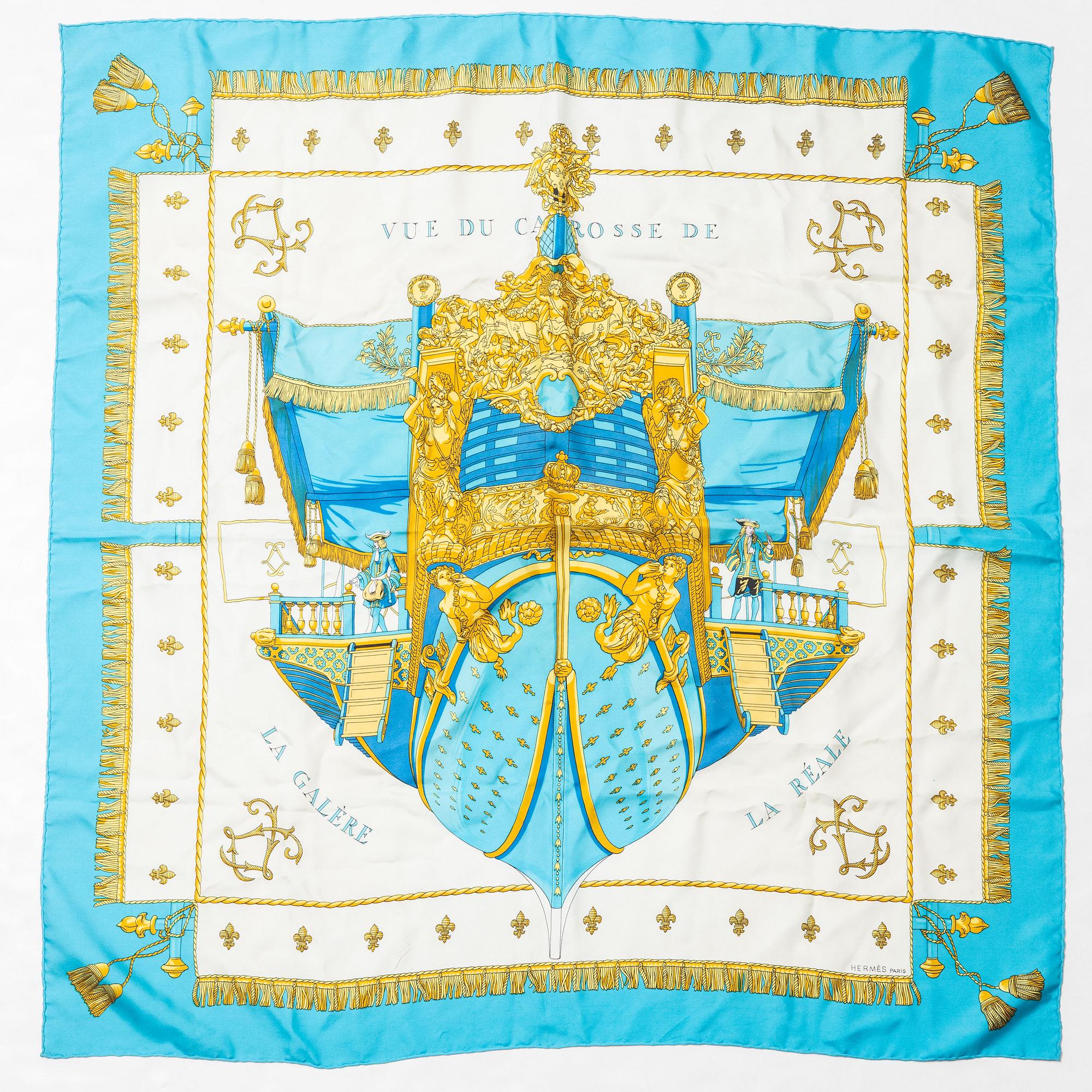 Hermès, a 'Vue du Carosse de la Galère La Réale' scarf.