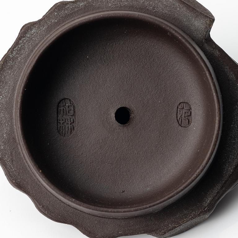 A poychrome yixing 'three legged toad' / 'Jin Chan' teapot, China, 1990s.