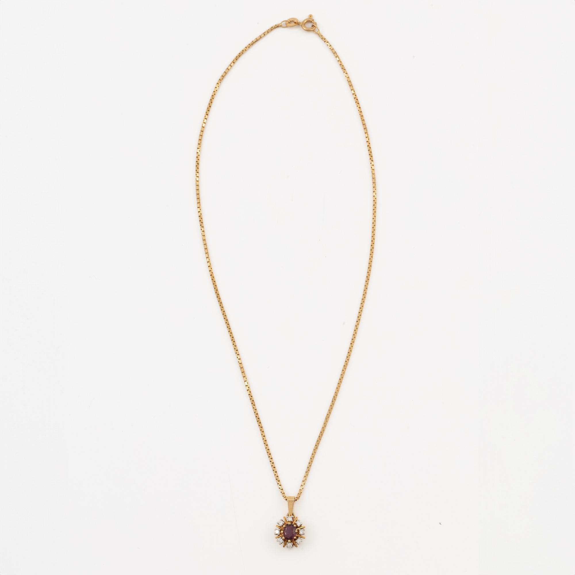 Pendant with gold chain, 
Pendant with white gold chain, 
Earrings a pair, rubies with brilliant-cut diamonds.
