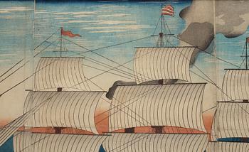 YOSHIKAZU (act.1850-1870), triptych, color woodblock print. Japan, 1861.