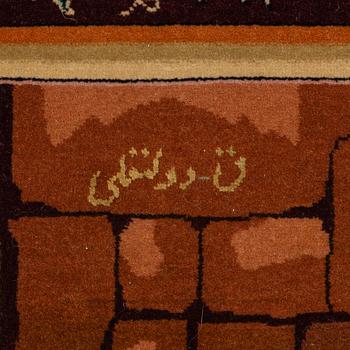 Rug, Tabriz, figural, signed, approx. 285 x 196 cm.