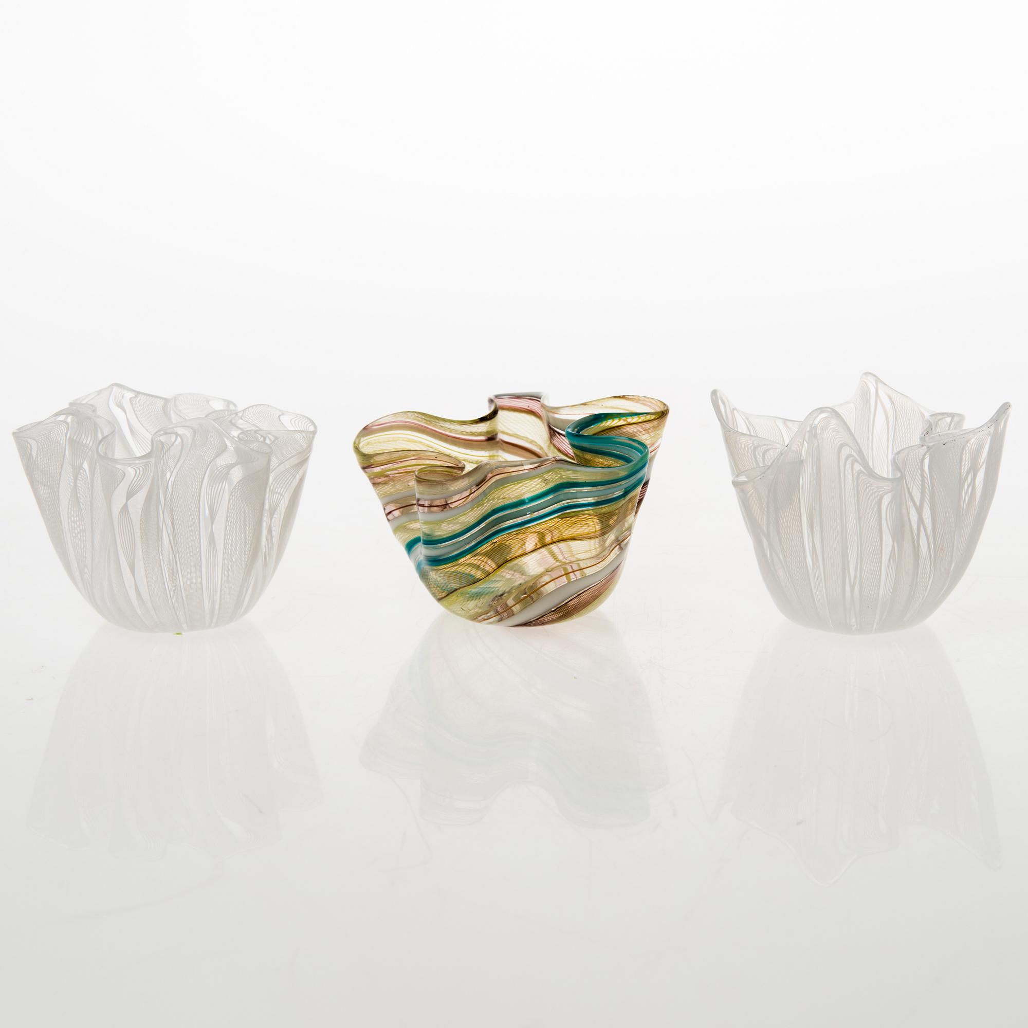Three 'Fazzoletto' filigree glass bowls, one signed Venini, Murano. Italy, mid- and latter half of the 20th Century.