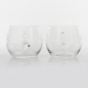 A punch bowl and mugs, glass, mid 20th century.