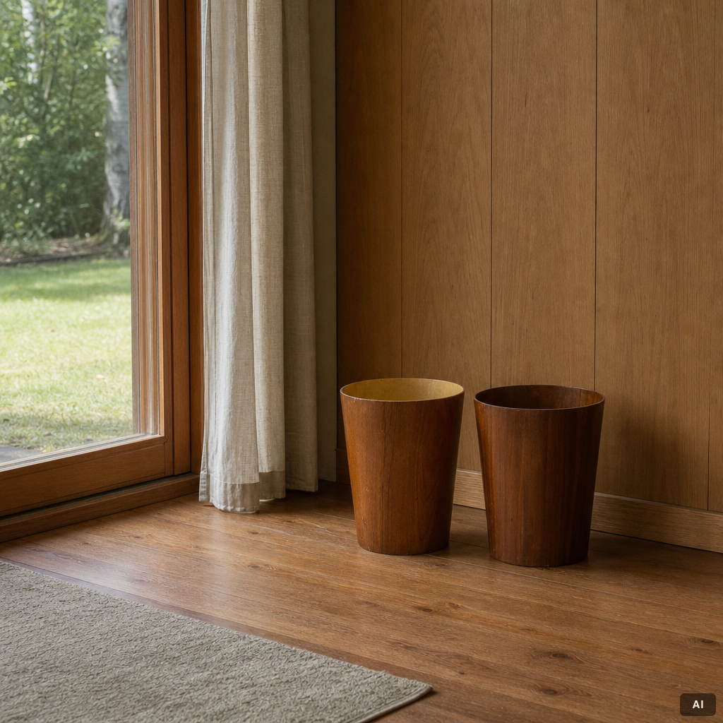 A pair of teak and teak veneer waste baskets by Martin Åberg for Servex, mid 20th century.