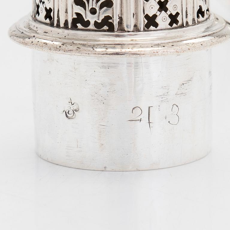 A George II sterling silver caster, maker's mark of Charles Alchorne, London 1730s, unclear year mark.