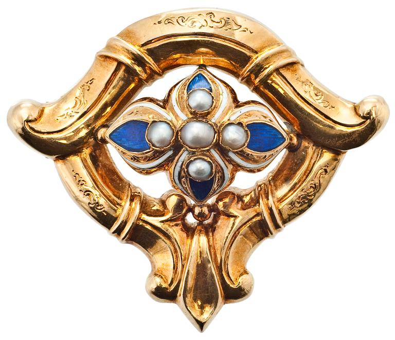 BROOCH 18K gold, enamel, pearls. Gustaf Adolf Cedergren 1844-72, Stockholm.