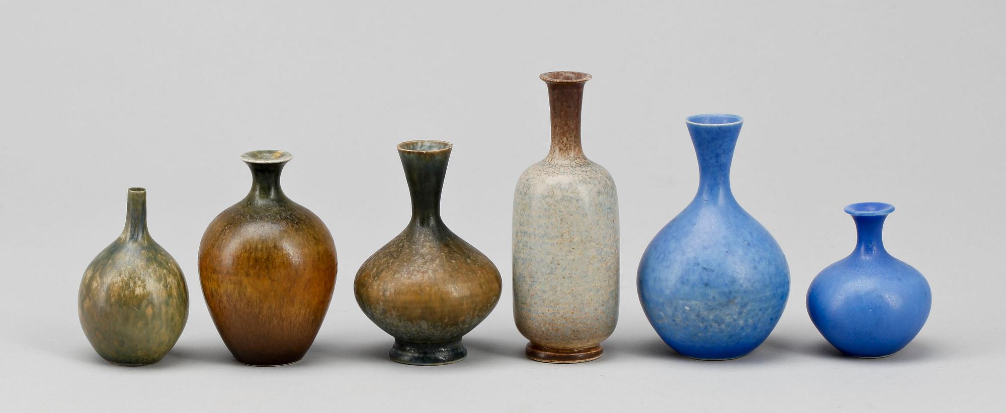 MINIATYRVASER, 6 st, stengods, Sven Wejsfelt Gustavsberg. Signerade.