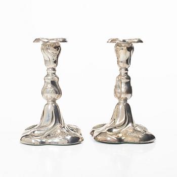 Candlesticks, a pair, silver, Rococo style, Thorvald Marthinsen Sølvvarefabrik, Tønsberg, Norway, 20th century.