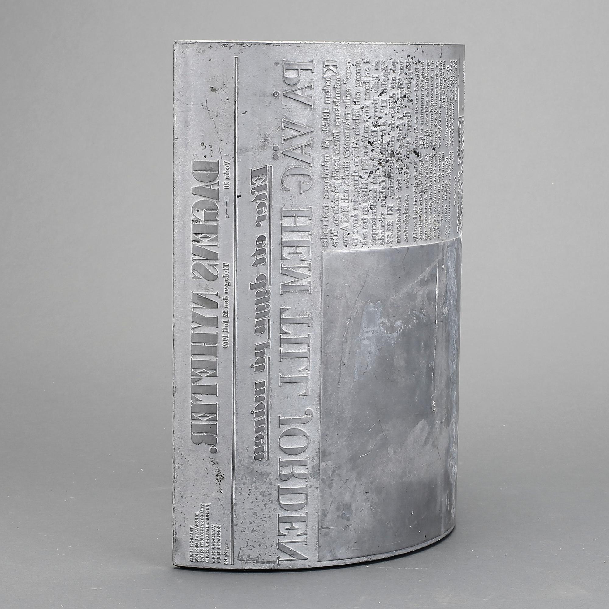 TRYCKPLÅT, bly, från Dagens Nyheter den 22 juli 1969 med löpsedel i samband med månlandningen.