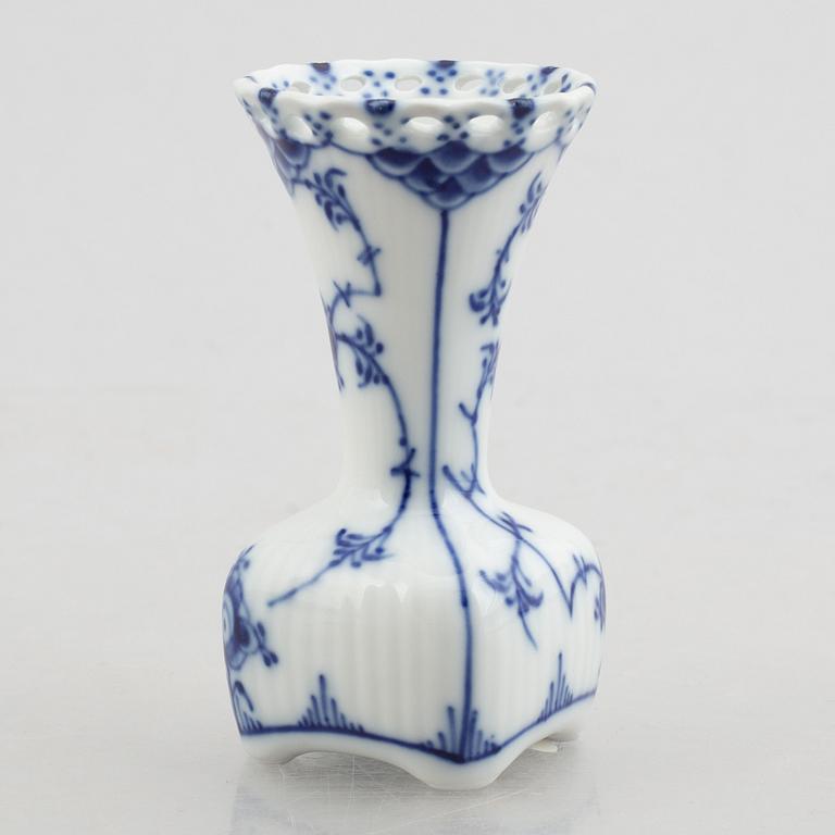 A group of two vases, two bowls and a candlestick, "Blue fluted full lace"/"Musselmalet", Royal Copenhagen.