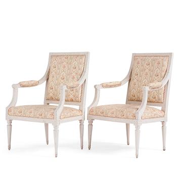 A pair of Gustavian open armchairs by J. Lindgren (master in Stockholm 1770-1800).