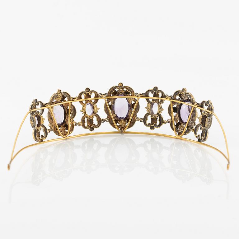 Tiara, gilded metal with faceted amethysts.