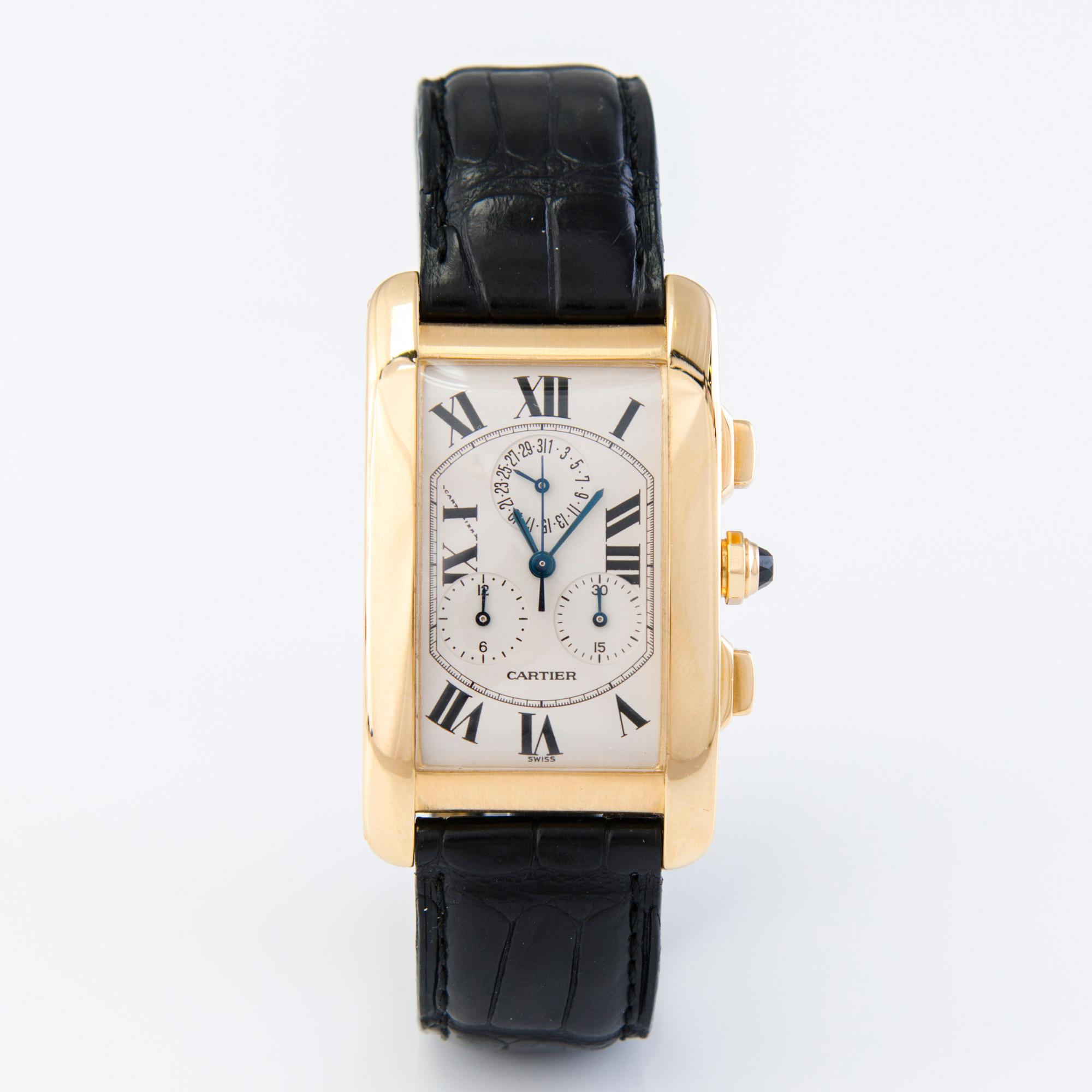 CARTIER, Tank Américaine Complications Chronograph YG, rannekello 40 (45) x 36 mm.