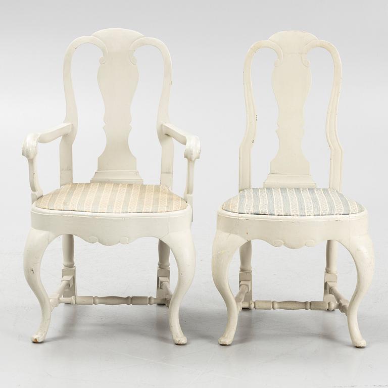 Karmstolar, ett par, samt stolar, 8 st, rokokostil, tidigt 1900-tal.