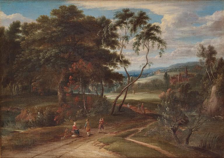 Louis Chalon Circle of, Extensive landscapes with walking figures, a pair.