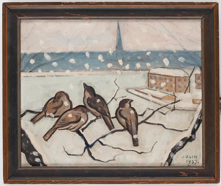 Einar Jolin, Winter landscape with small birds.