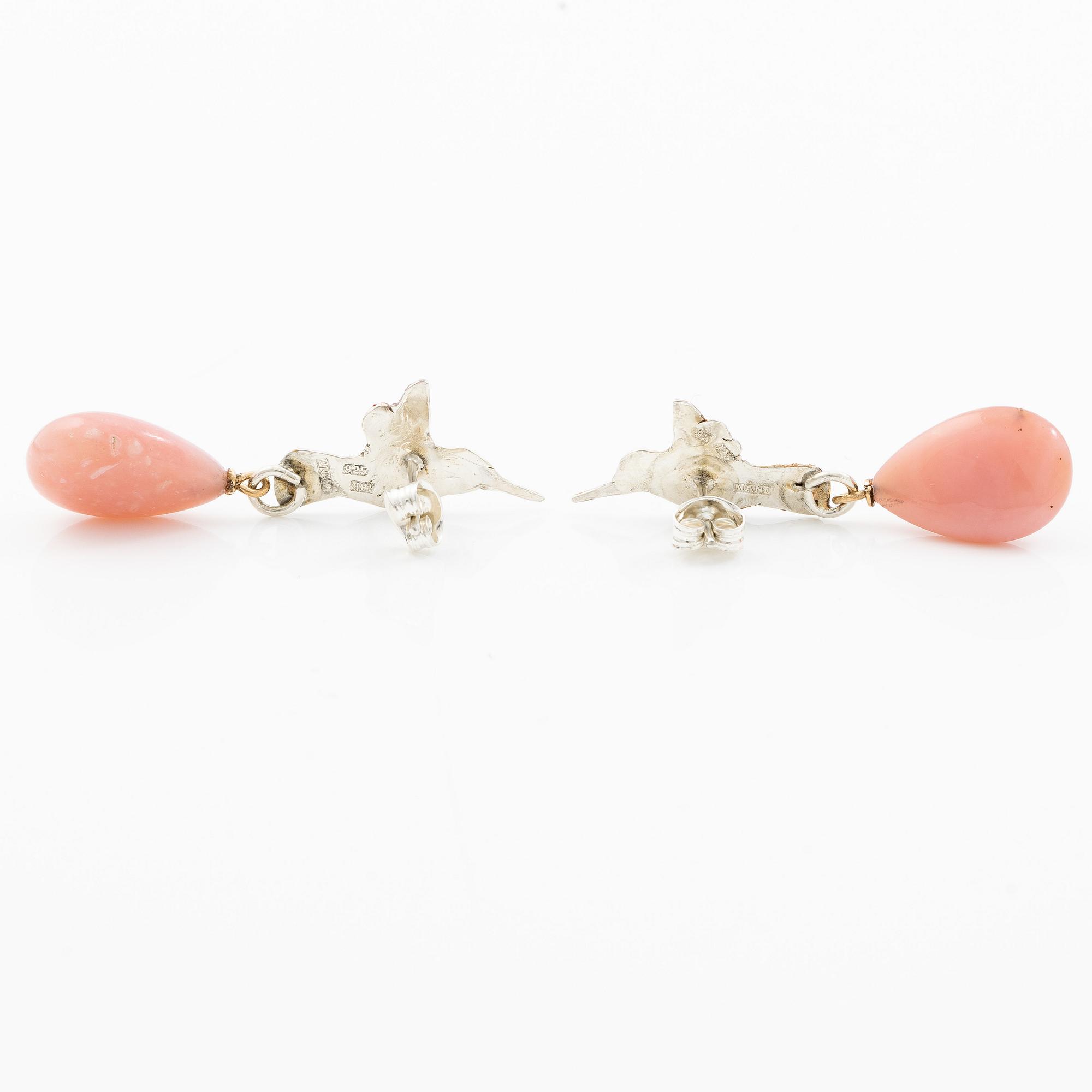 Earrings, silver, 18K gold and enamel in the form of a hummingbird with pink opal, Mandelstam.