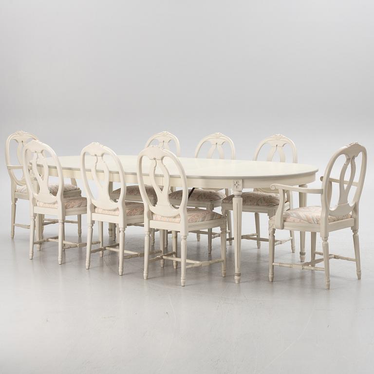 Dining table, 2 armchairs, 6 chairs, Gustavian style, "Old Sweden", Åmells furniture, late 20th century.