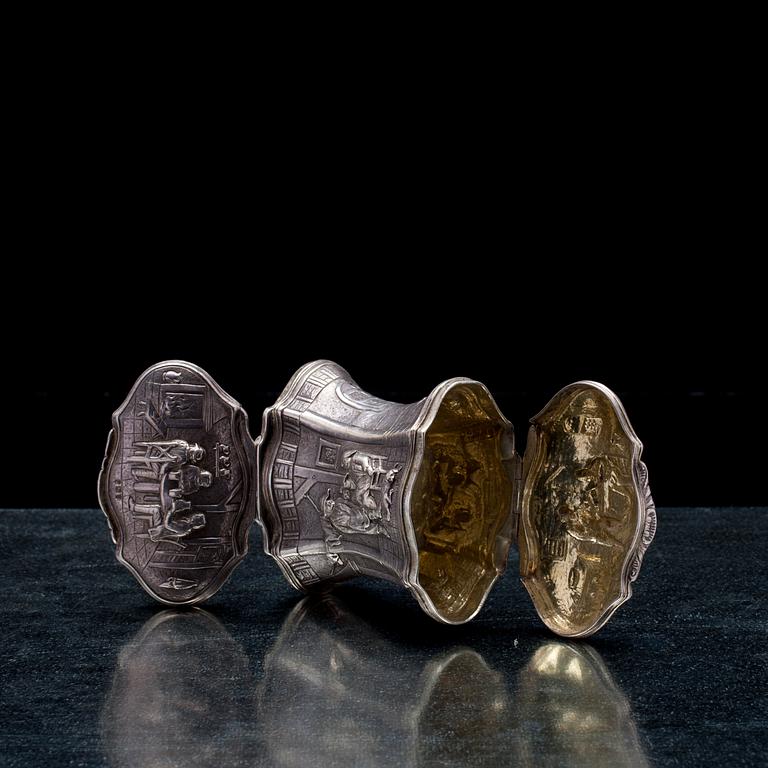 DUBBELSNUSDOSA, silver, oidentifierade stämplar, Mellaneuropa, 1800-tal. Vikt ca 121 g.