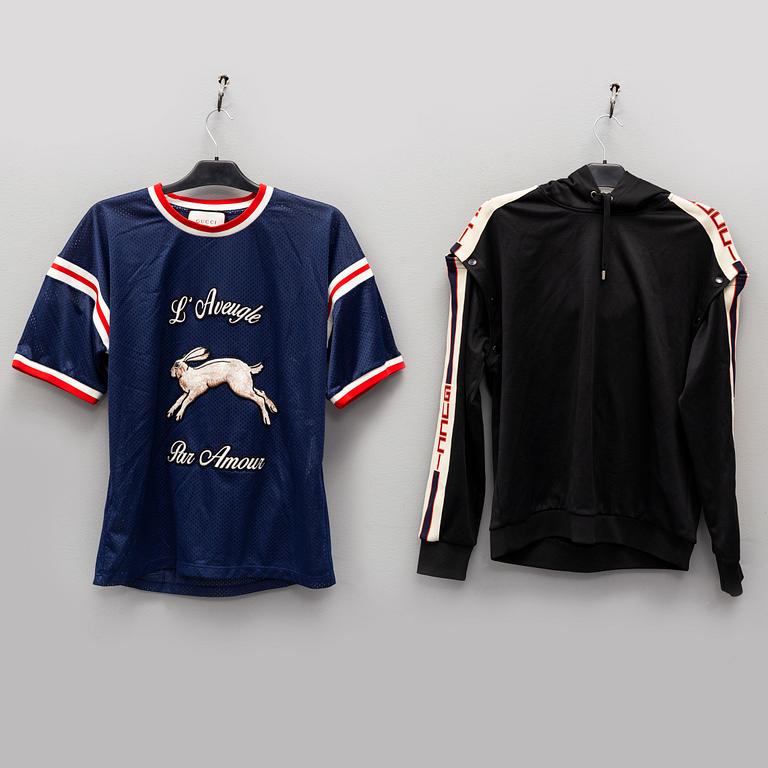 GUCCI, a polyester t-shirt and hoodie.