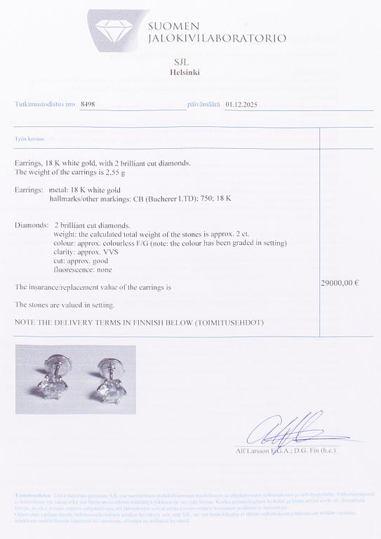 Bucherer, a pair of 18K white gold earrings with brilliant-cut diamond. SJL-certificate.