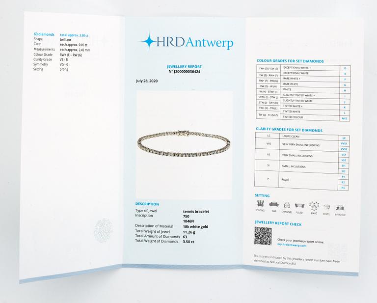 TENNISARMBAND, med briljantslipade diamanter med certifikat HRD.