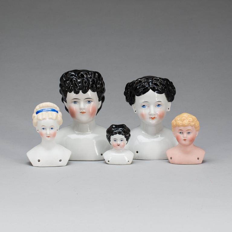 DOCKHUVUDEN, 5 st. Sk "China Heads" och "Parian Head", Tyskland, 1800/1900-tal.