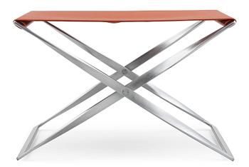 484. A Poul Kjaerholm 'PK-91' steel and brown leather stool, Fritz Hansen, Denmark.
