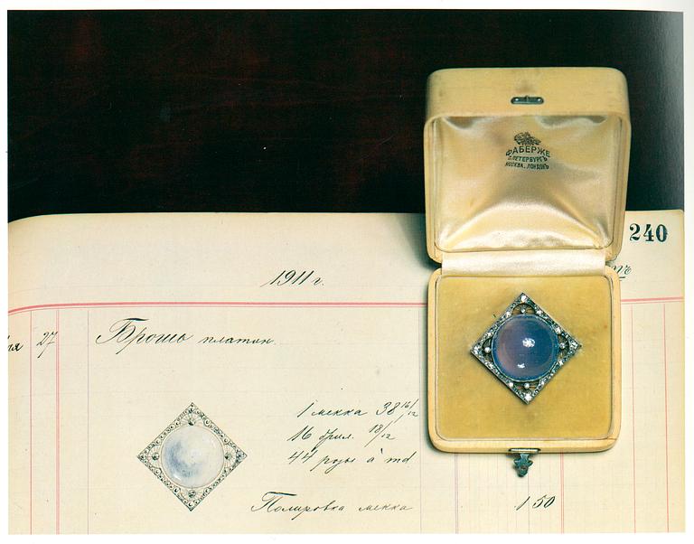A chalcedony and diamond brooch by Fabergé.