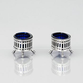 A Swedish pair of early 19th Century silver and blue glass salt cellars, mark of Pehr Zethelius, Stockholm 1808.