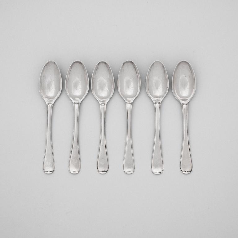 A set of six Swedish 18th century silver dessert-spoons, marks of Berndt Johan Frodelius, Stockholm 1776 and 1777.