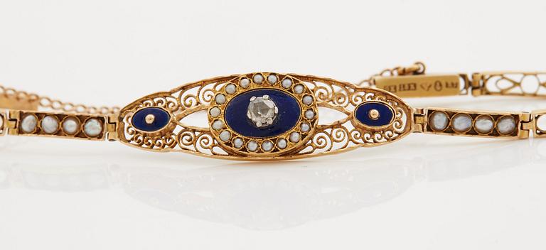 A rose cut diamond, natural pearl and blue enamel bracelet.